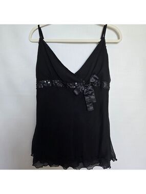 DORI ELEGANT DAINTY BLACK CAMI TANK SEQUIN SATIN BOW (2XL)